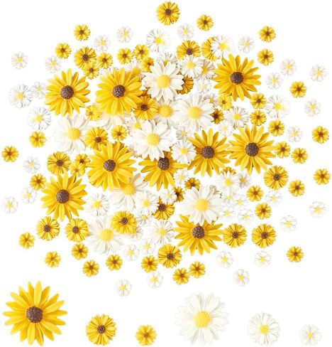 AHANDMAKER 160 Pcs Flatback Resin Daisy Flowers 6 Styles White & Yellow Craft Faux Flowers Mini Daisy Ornaments for DIY Craft Cloth Pen Box Decoration in Saudi Arabia
