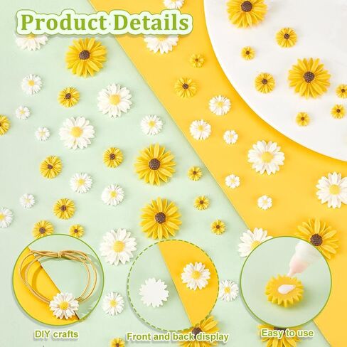 AHANDMAKER 160 Pcs Flatback Resin Daisy Flowers 6 Styles White & Yellow Craft Faux Flowers Mini Daisy Ornaments for DIY Craft Cloth Pen Box Decoration in Saudi Arabia