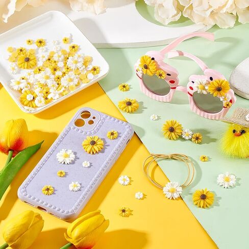 AHANDMAKER 160 Pcs Flatback Resin Daisy Flowers 6 Styles White & Yellow Craft Faux Flowers Mini Daisy Ornaments for DIY Craft Cloth Pen Box Decoration in Saudi Arabia