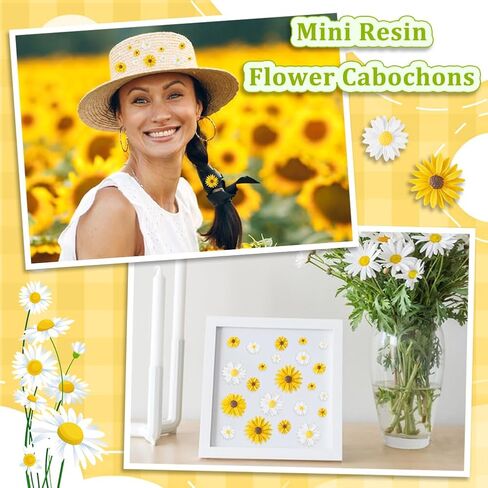 AHANDMAKER 160 Pcs Flatback Resin Daisy Flowers 6 Styles White & Yellow Craft Faux Flowers Mini Daisy Ornaments for DIY Craft Cloth Pen Box Decoration in Saudi Arabia