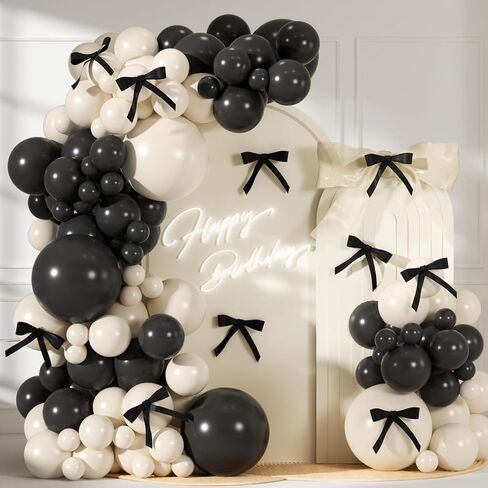 Black Sand White Balloon Garland Arch Kit, 138Pcs Coquette Birthday Decorations Include 10pcs Pre-Tied Satin Bows for Wedding Bridal Engagement Bachelorette Party Decorations in Saudi Arabia