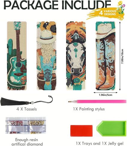 Western Cowgirl Diamond Art Bookmarks - 4 Pcs DIY Diamond Painting Bookmarks Kits with Tassel Guitar Cow Shoots Art Craft Birthday Festival Gift for Beginner Reading Lover in Saudi Arabia