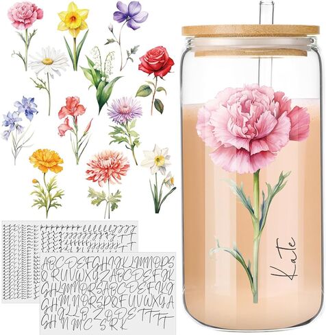 Glenmal 6 Sheets UV DTF Cup Flow Flower مع رسالة مخصصة للأشعة فوق البنفسجية DTF نقل ملصقات اسم ملصقات Daisy Rose Violet Transfer لهدايا عيد الميلاد أخواتها in Kuwait