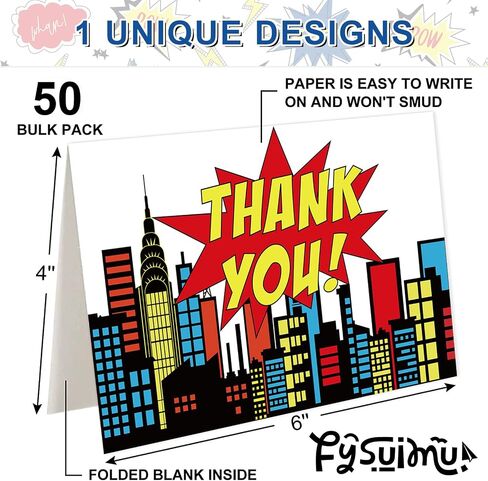 50 Pack Super Hero Thank You Cards Father‘s Day Boxed Skyline Building Greeting Cards with Envelopes Stickers Blank Note Cards for Birthday Baby Shower, 4 x 6 Inch in Saudi Arabia