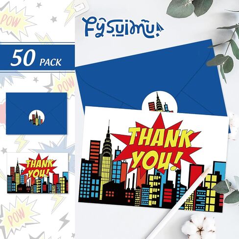 50 Pack Super Hero Thank You Cards Father‘s Day Boxed Skyline Building Greeting Cards with Envelopes Stickers Blank Note Cards for Birthday Baby Shower, 4 x 6 Inch in Saudi Arabia