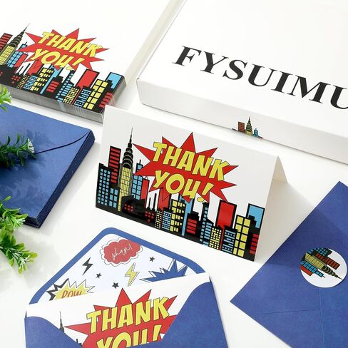 50 Pack Super Hero Thank You Cards Father‘s Day Boxed Skyline Building Greeting Cards with Envelopes Stickers Blank Note Cards for Birthday Baby Shower, 4 x 6 Inch in Saudi Arabia