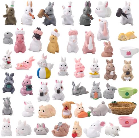 50 Pcs Mini Rabbits Figurine Bunny Fairy House Diorama Accessories Mini Rabbits Bunny Figurines Micro Landscape Garden Ornaments for DIY Easter Egg Fillers Dollhouse Cake Decor(Cute) in Saudi Arabia