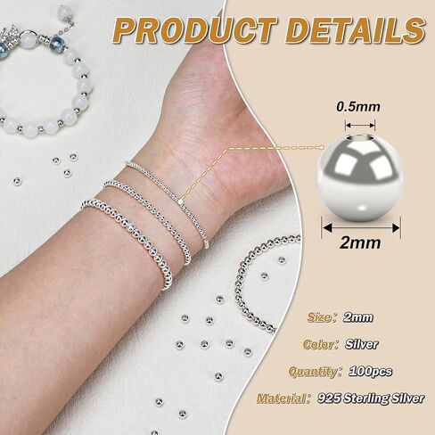 100pcs 2mm 925 sterling Silver Beads للمجوهرات التي تصنع حبات صغيرة من الفضة الفضية غير المشوهة مع ثقب لسحر أقراط قلادة الأساور وحرف DIY in Kuwait