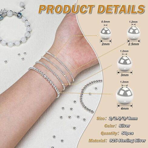 100pcs 2mm 925 sterling Silver Beads للمجوهرات التي تصنع حبات صغيرة من الفضة الفضية غير المشوهة مع ثقب لسحر أقراط قلادة الأساور وحرف DIY in Kuwait