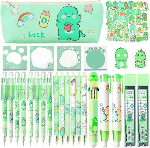 Dinosaur School Supplies,Cute Stationery Gift Set Kawaii Back to School Supplies Including Erasers,Mechanical Pencils,Lead Refills,Pens,Stickers,Sticky Notes,Ballpoint Pens,Pencil Holder in Kuwait