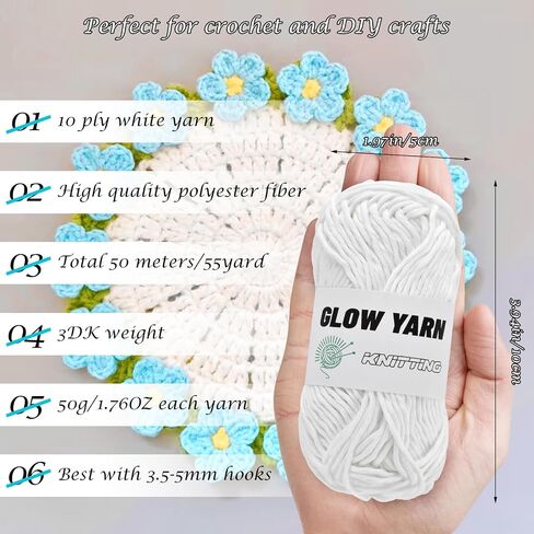 2 Rolls Yarn for Crocheting - Glow in The Dark Yarn for Crochet for DIY Art, Knitting and Crafts, 55 Yard Per Roll Beginner Crochet Kit for Adults, Christmas Halloween Decorations (White+Blue) in Saudi Arabia