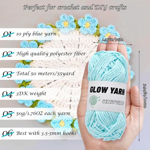 2 رولز غزل للكروشيه - توهج في الغزل المظلم للكروشيه لفن DIY ، الحياكة والحرف ، 55 ياردة لكل مجموعة الكروشيه المبتدئين للبالغين ، ديكورات عيد الميلاد عيد الميلاد (أبيض+أزرق) in Kuwait