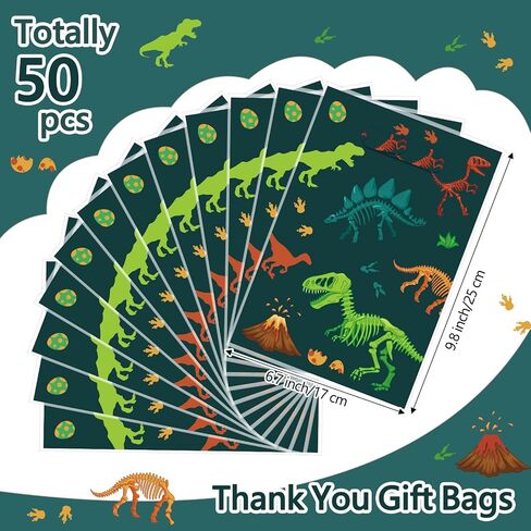 Capoda 50 Pcs Dinosaur Bags Dino Treat Party Favor Candy Goodie Gift Plastic Bags Bulk with Handle for Boy Girl Dinosaur Themed Birthday Baby Shower Party Decor in Kuwait
