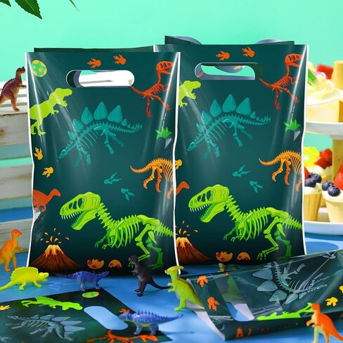 Capoda 50 Pcs Dinosaur Bags Dino Treat Party Favor Candy Goodie Gift Plastic Bags Bulk with Handle for Boy Girl Dinosaur Themed Birthday Baby Shower Party Decor in Kuwait