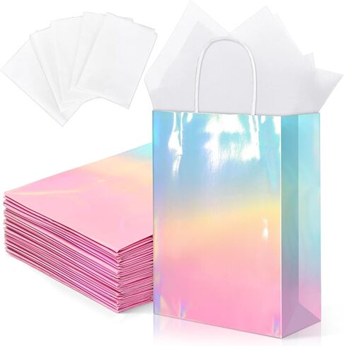 Mimind 24 Pack Pack Paper Paper Facs with Handles Holographic Party Favor With With Tissue Paper 8.7 × 6 × 3.1 بوصة متلألئة وردية اللون والأزرق Goodie Candy Bag لحفلات عيد ميلاد الزفاف in Kuwait