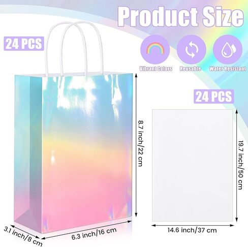Mimind 24 Pack Pack Paper Paper Facs with Handles Holographic Party Favor With With Tissue Paper 8.7 × 6 × 3.1 بوصة متلألئة وردية اللون والأزرق Goodie Candy Bag لحفلات عيد ميلاد الزفاف in Kuwait
