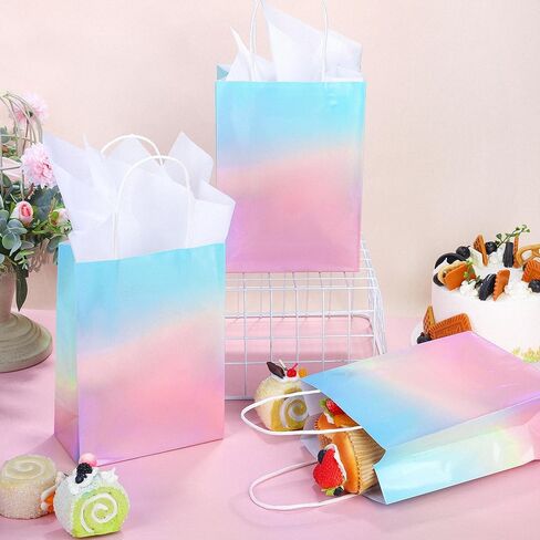 Mimind 24 Pack Pack Paper Paper Facs with Handles Holographic Party Favor With With Tissue Paper 8.7 × 6 × 3.1 بوصة متلألئة وردية اللون والأزرق Goodie Candy Bag لحفلات عيد ميلاد الزفاف in Kuwait