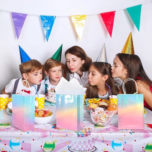 Mimind 24 Pack Pack Paper Paper Facs with Handles Holographic Party Favor With With Tissue Paper 8.7 × 6 × 3.1 بوصة متلألئة وردية اللون والأزرق Goodie Candy Bag لحفلات عيد ميلاد الزفاف in Kuwait