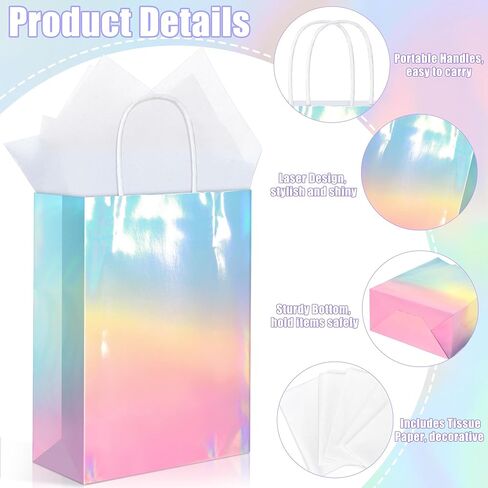 Mimind 24 Pack Pack Paper Paper Facs with Handles Holographic Party Favor With With Tissue Paper 8.7 × 6 × 3.1 بوصة متلألئة وردية اللون والأزرق Goodie Candy Bag لحفلات عيد ميلاد الزفاف in Kuwait