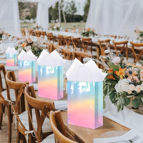 Mimind 24 Pack Pack Paper Paper Facs with Handles Holographic Party Favor With With Tissue Paper 8.7 × 6 × 3.1 بوصة متلألئة وردية اللون والأزرق Goodie Candy Bag لحفلات عيد ميلاد الزفاف in Kuwait