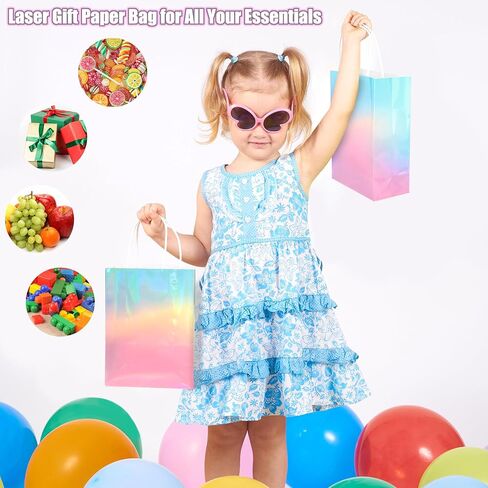 Mimind 24 Pack Pack Paper Paper Facs with Handles Holographic Party Favor With With Tissue Paper 8.7 × 6 × 3.1 بوصة متلألئة وردية اللون والأزرق Goodie Candy Bag لحفلات عيد ميلاد الزفاف in Kuwait