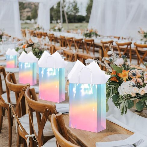 Mimind 24 Pack Pack Paper Paper Facs with Handles Holographic Party Favor With With Tissue Paper 8.7 × 6 × 3.1 بوصة متلألئة وردية اللون والأزرق Goodie Candy Bag لحفلات عيد ميلاد الزفاف in Kuwait