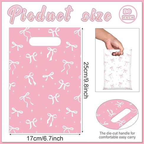Keaskell 50pcs Pink White Bow Party Fies Coquette Bow Plastic Goodie Word Acags with Handles Girls Higds Bag Wrapping for Wedding Baby Shower Engagement Supplies in Kuwait