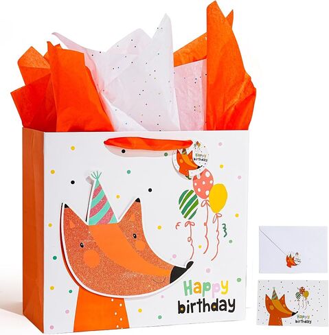 Enfoldia 13 "Barge Fox Orange Birthday Gift Bag for Kids with Greeting Card Paper 3D Making Glitter Design Gift Flag for Boy in Kuwait