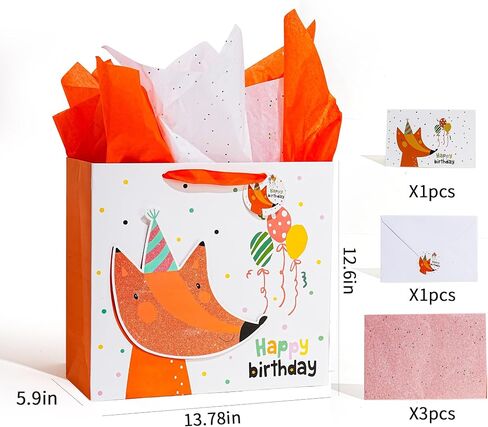 Enfoldia 13 "Barge Fox Orange Birthday Gift Bag for Kids with Greeting Card Paper 3D Making Glitter Design Gift Flag for Boy in Kuwait