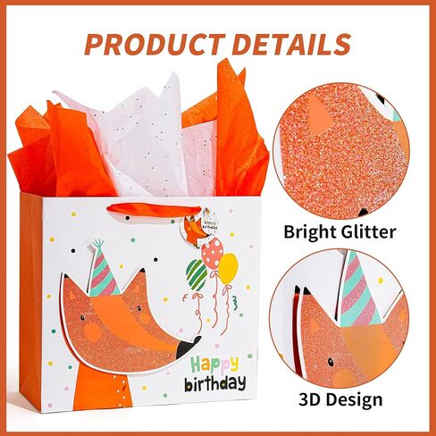Enfoldia 13 "Barge Fox Orange Birthday Gift Bag for Kids with Greeting Card Paper 3D Making Glitter Design Gift Flag for Boy in Kuwait