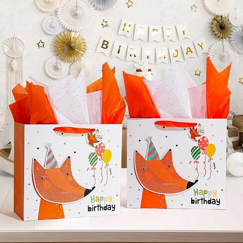 Enfoldia 13 "Barge Fox Orange Birthday Gift Bag for Kids with Greeting Card Paper 3D Making Glitter Design Gift Flag for Boy in Kuwait