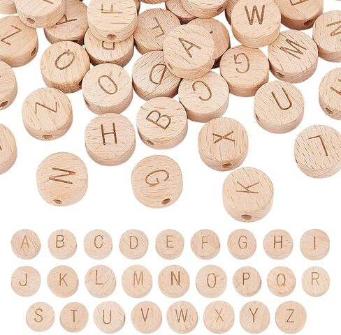 PH PandaHall 104pcs Alphabet Wooden Beads 15mm Flat Round Letter Beads Natural Wooden Flat Beads with 3mm Hole Wooden Loose Beads with Initial Letter for Jewelry Making and DIY Crafts, 4Sets in Saudi Arabia
