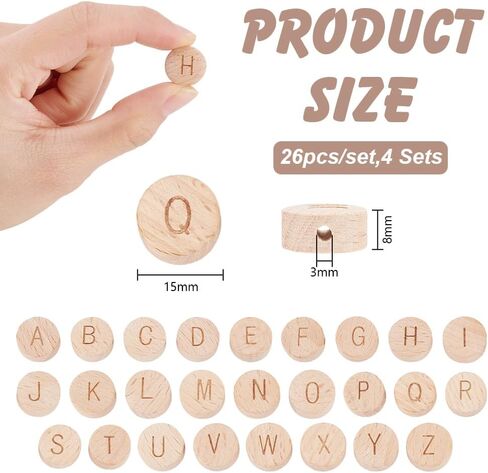 PH PandaHall 104pcs Alphabet Wooden Beads 15mm Flat Round Letter Beads Natural Wooden Flat Beads with 3mm Hole Wooden Loose Beads with Initial Letter for Jewelry Making and DIY Crafts, 4Sets in Saudi Arabia