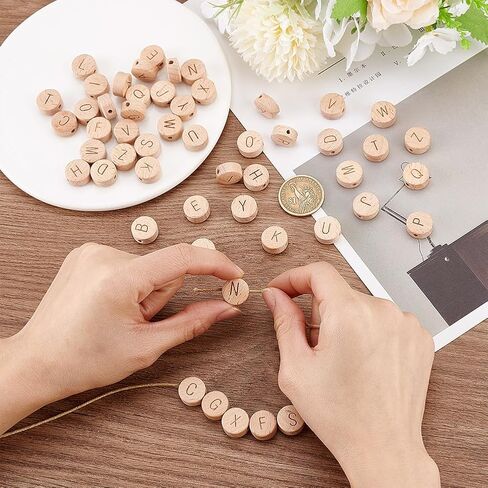 PH PandaHall 104pcs Alphabet Wooden Beads 15mm Flat Round Letter Beads Natural Wooden Flat Beads with 3mm Hole Wooden Loose Beads with Initial Letter for Jewelry Making and DIY Crafts, 4Sets in Saudi Arabia