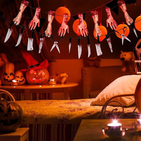6 Sets Halloween Bloody Garland Banner, Include 48 Garland and 16 Fake Scary Broken Hands and Feet Hanging Decor, Halloween Party Decoration Scary Banner Supplies in Saudi Arabia