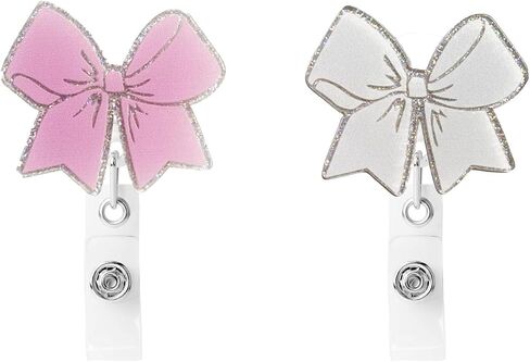 2 حزمة Pink & White Bow Bowge Cenly قابلة للسحب بكرات شارة ممرضة مع التمساح حامل بطاقة هوية مقطع بطاقة شارة العامل المكتبي ملحقات بطاقة هوية لطيفة لطالب المعلم الطبيب in Kuwait