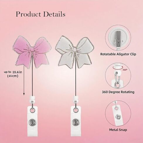 2 حزمة Pink & White Bow Bowge Cenly قابلة للسحب بكرات شارة ممرضة مع التمساح حامل بطاقة هوية مقطع بطاقة شارة العامل المكتبي ملحقات بطاقة هوية لطيفة لطالب المعلم الطبيب in Kuwait