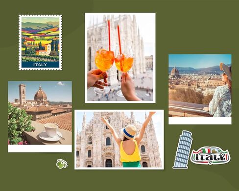 ملصق إيطاليا - ملصقات إيطاليا لـ Scrapbooking ، ألبوم الصور ، مخطط السفر ، المجلة - ملصقات ذات طابع إيطاليا مع بقع سياحية إيطالية ، روما ، البندقية ، تصميم موضوع العطلات في أوروبا - عنصران in Saudi Arabia