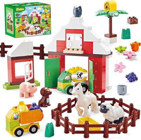Building Blocks for Toddlers 1-3-5, Farm DIY Big Classic Building Bricks Toys Set for Kids Ages 2-4-5-8 With Barn, Animals, Truck, Compatible With All Major Brands, Gift Toy for 3-5 Boys Girls 74 Pcs in Kuwait