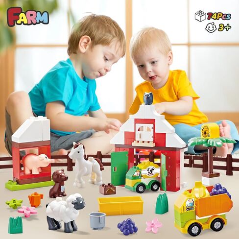 Building Blocks for Toddlers 1-3-5, Farm DIY Big Classic Building Bricks Toys Set for Kids Ages 2-4-5-8 With Barn, Animals, Truck, Compatible With All Major Brands, Gift Toy for 3-5 Boys Girls 74 Pcs in Kuwait
