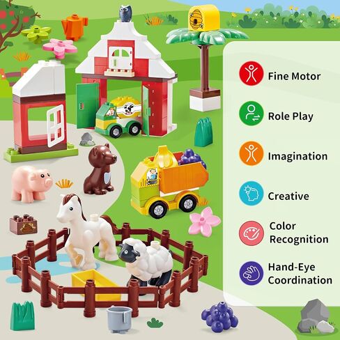 Building Blocks for Toddlers 1-3-5, Farm DIY Big Classic Building Bricks Toys Set for Kids Ages 2-4-5-8 With Barn, Animals, Truck, Compatible With All Major Brands, Gift Toy for 3-5 Boys Girls 74 Pcs in Kuwait