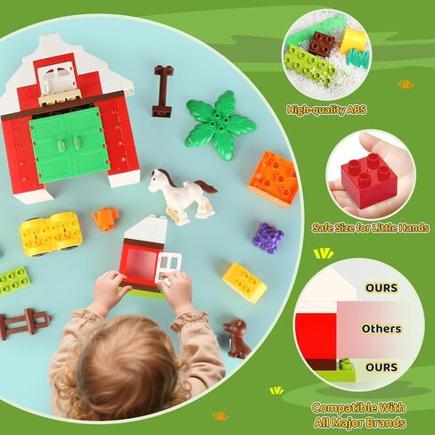 Building Blocks for Toddlers 1-3-5, Farm DIY Big Classic Building Bricks Toys Set for Kids Ages 2-4-5-8 With Barn, Animals, Truck, Compatible With All Major Brands, Gift Toy for 3-5 Boys Girls 74 Pcs in Kuwait