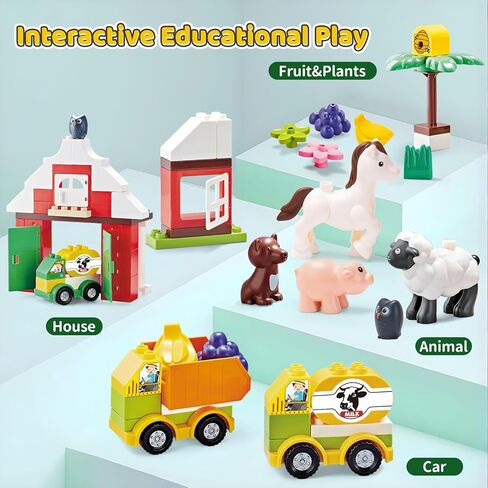 Building Blocks for Toddlers 1-3-5, Farm DIY Big Classic Building Bricks Toys Set for Kids Ages 2-4-5-8 With Barn, Animals, Truck, Compatible With All Major Brands, Gift Toy for 3-5 Boys Girls 74 Pcs in Kuwait