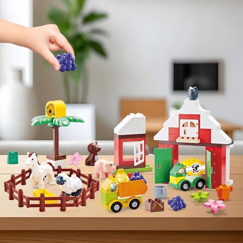 Building Blocks for Toddlers 1-3-5, Farm DIY Big Classic Building Bricks Toys Set for Kids Ages 2-4-5-8 With Barn, Animals, Truck, Compatible With All Major Brands, Gift Toy for 3-5 Boys Girls 74 Pcs in Kuwait