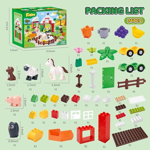 Building Blocks for Toddlers 1-3-5, Farm DIY Big Classic Building Bricks Toys Set for Kids Ages 2-4-5-8 With Barn, Animals, Truck, Compatible With All Major Brands, Gift Toy for 3-5 Boys Girls 74 Pcs in Kuwait