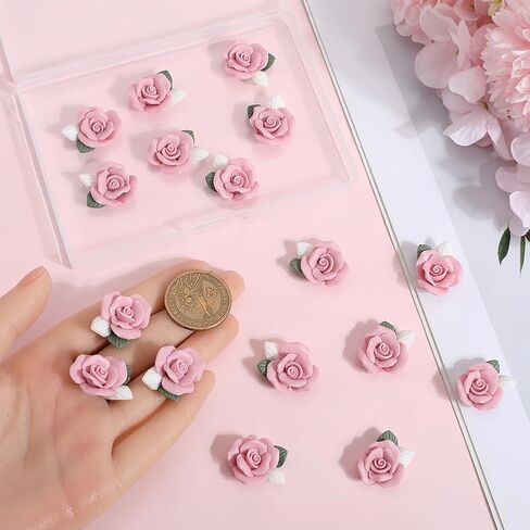 SUNNYCLUE 1 Box 20Pcs Rose Cabochon Flower Cabochons Bulk Valentines Pink Polymer Clay Flatback Flowers Floral 3D Mini Bead Charm Cabochon for Jewelry Making Father's Day Mother's Day DIY Crafts in Saudi Arabia