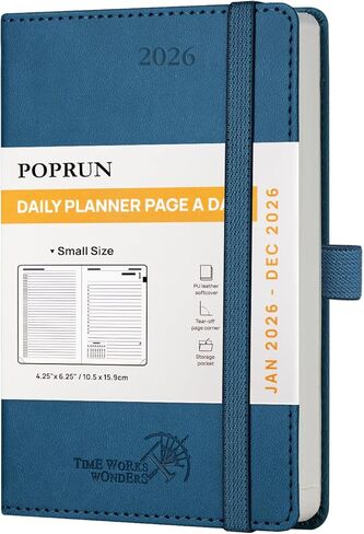Poprun Daily Planner 2026 (Jan - Dec) ، (A6 Size -4.25 "× 6.25") 2026 التقويم اليومي مع صفحة واحدة في اليوم حتى عطلات نهاية الأسبوع ، كتاب موعد كل ساعة مع جيب ، PU Leather Softcover - Black in Kuwait