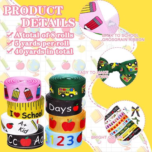 8 Rolls Back to School Grosgrain Ribbons School Teacher Themed Ribbon Bus Ruler Pencil Apples ABC Fabric Craft Ribbon for Wreath Bow Gift Wrap Party Decor, 7/8", 40 Yards in Saudi Arabia