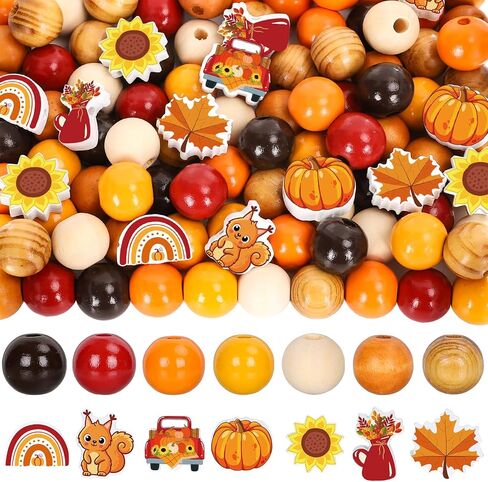 Whaline 245Pcs Fall Wooden Beads Rustic Farmhouse Craft Bead Autumn Maple Leaves Pumpkins Flower Shape Spacer Beads Natural Round Bead for Thanksgiving DIY Craft Making Bracelet Necklace Decor in Saudi Arabia