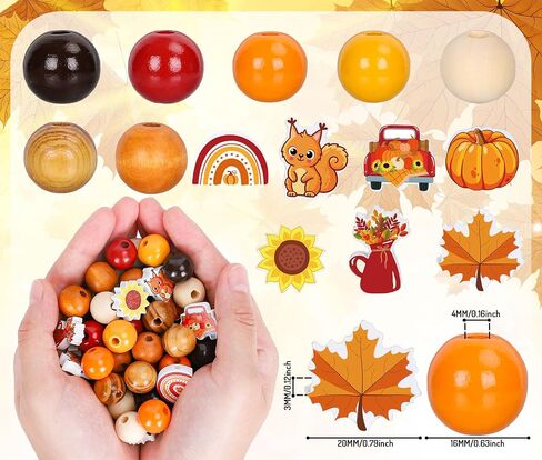 Whaline 245Pcs Fall Wooden Beads Rustic Farmhouse Craft Bead Autumn Maple Leaves Pumpkins Flower Shape Spacer Beads Natural Round Bead for Thanksgiving DIY Craft Making Bracelet Necklace Decor in Saudi Arabia